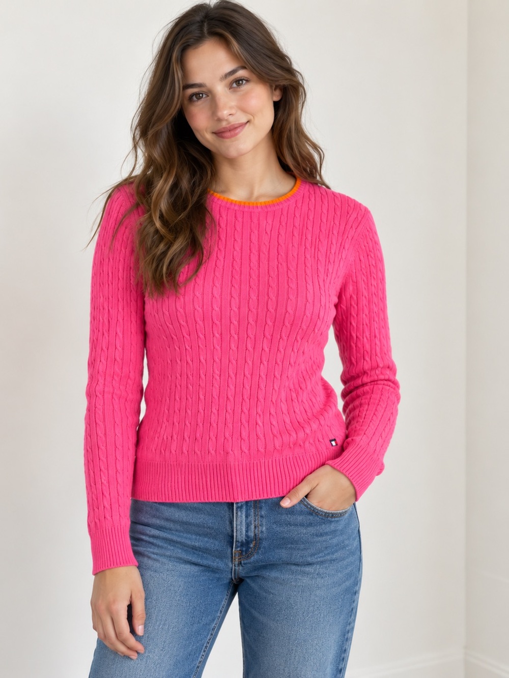 Tommy Hilfiger Pink Cable Knit Cotton Sweater Orange Trim M